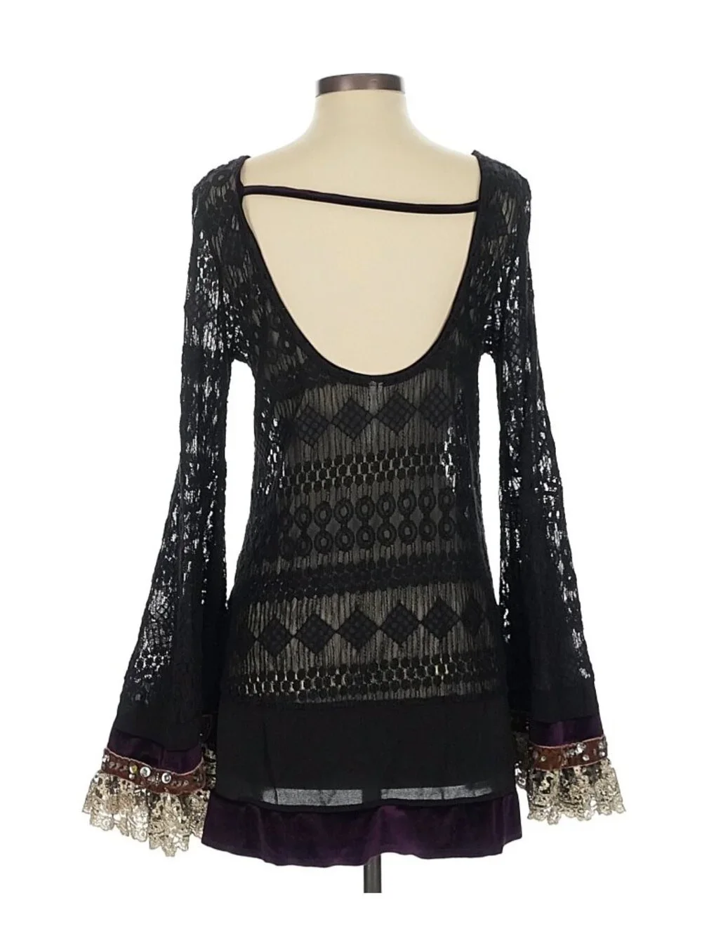 RARE Free People Black Lace Velvet Bell Sleeve Mini Dress Tunic| Whimsigoth Boho - Picture 8 of 16